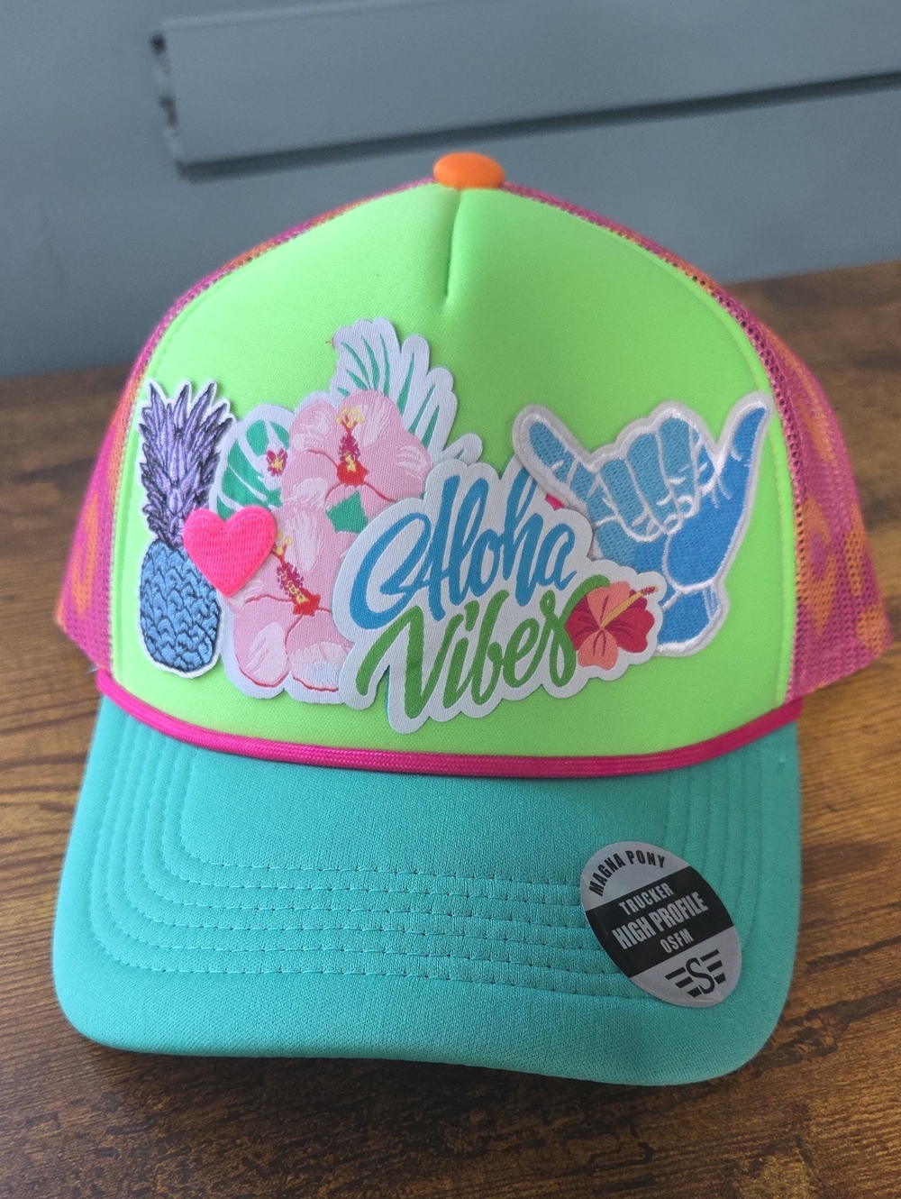 Aloha Vibes Neon Green & Teal Trucker Ponytail Hat